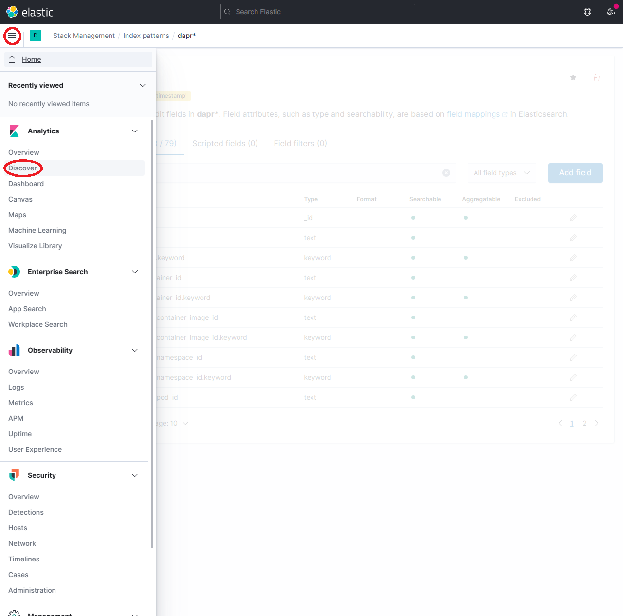 Kibana Analytics 菜单选项下的 Discover 项